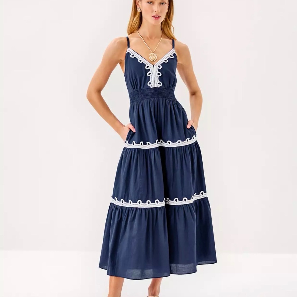 Elegant Lily Pulitzer Zanna Cotton  Navy Blue Dress with White Trim